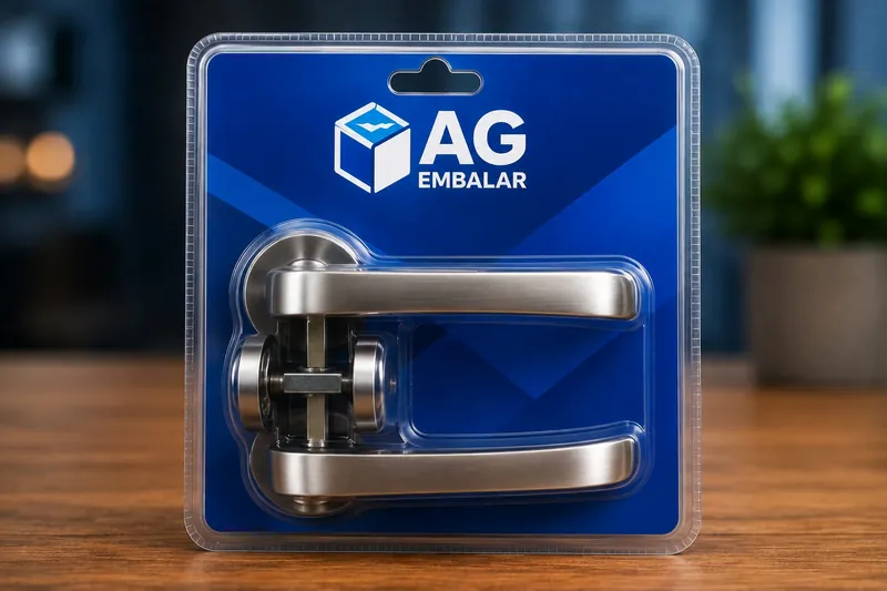 Arte de divulgação da AG Embalar: blister de cartela transparente com furo de gancho, cartão de fundo azul com a marca AG Embalar, lacrando um par de maçanetas de alavanca em aço escovado, apoiado sobre uma mesa de madeira.