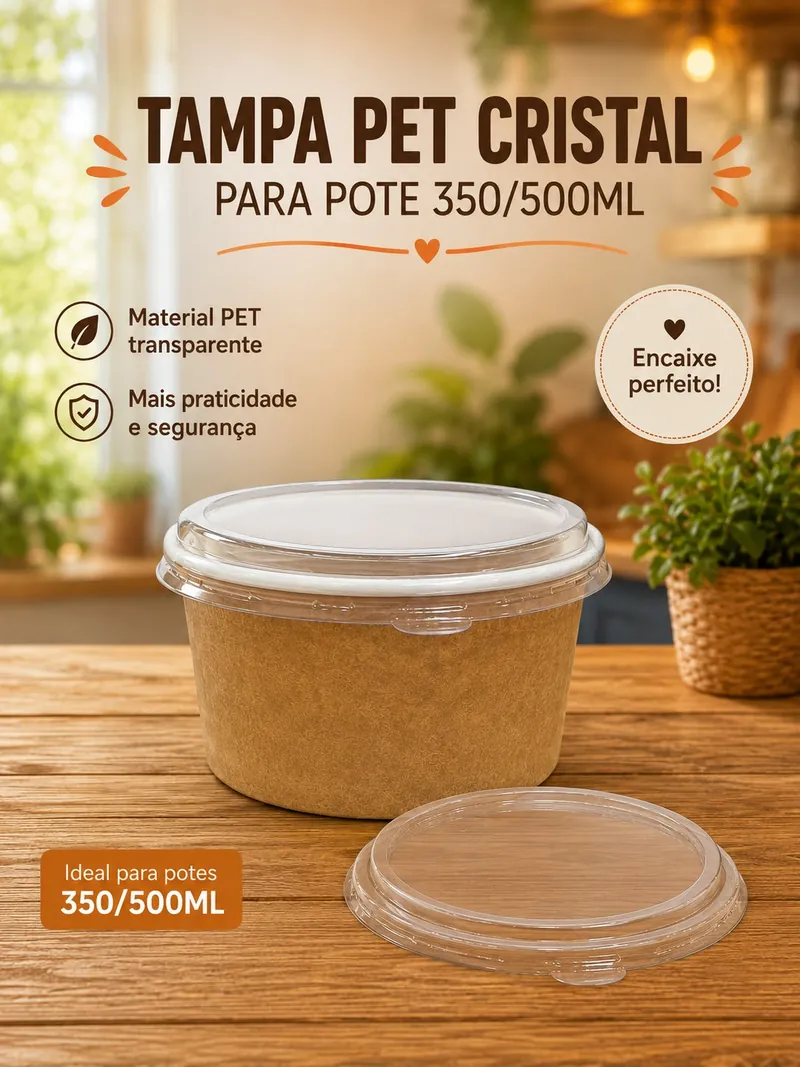 Arte de divulgação da AG Embalar: pote de papel kraft fechado com tampa PET cristal e uma segunda tampa solta apoiada ao lado, sobre mesa de madeira com plantas ao fundo. O texto indica compatibilidade com potes de 350 e 500 mL.